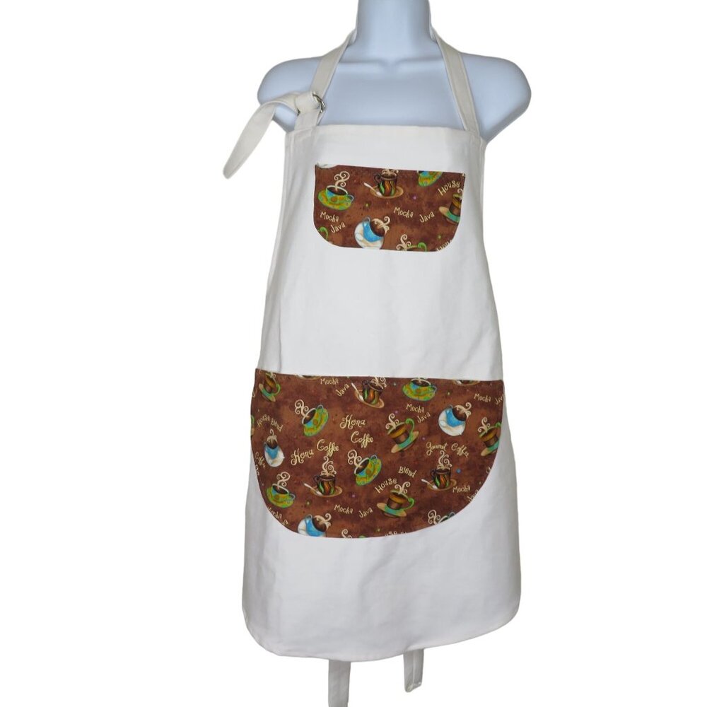 Vintage Handmade Bib Apron Pockets Baking Coffee White Brown Pockets Barista